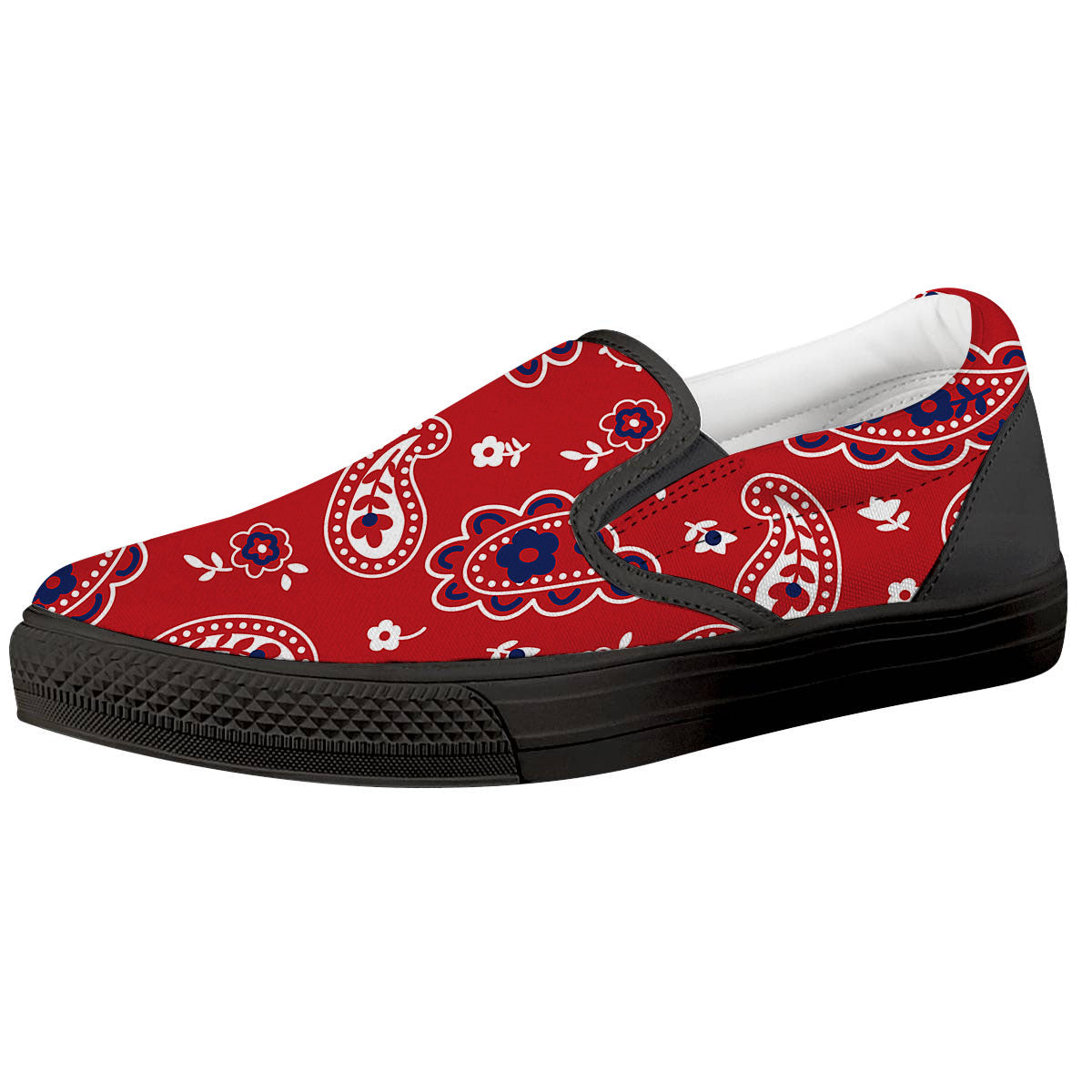 White Bandana And Blue Red Print Black Slip On Shoes-grizzshop