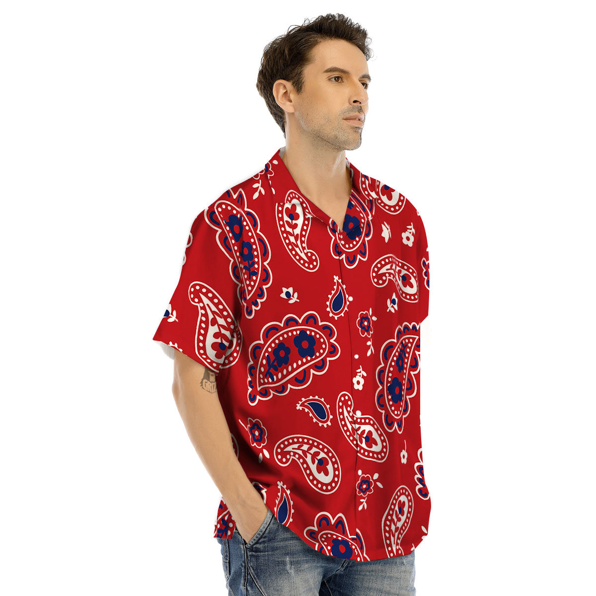 White Bandana And Blue Red Print Men's Hawaiian Shirt-grizzshop