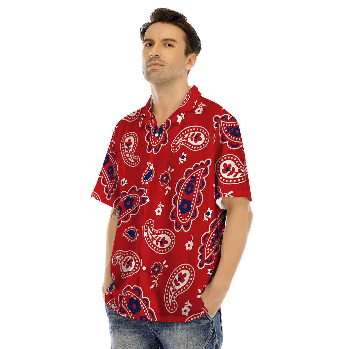 White Bandana And Blue Red Print Men's Hawaiian Shirt-grizzshop