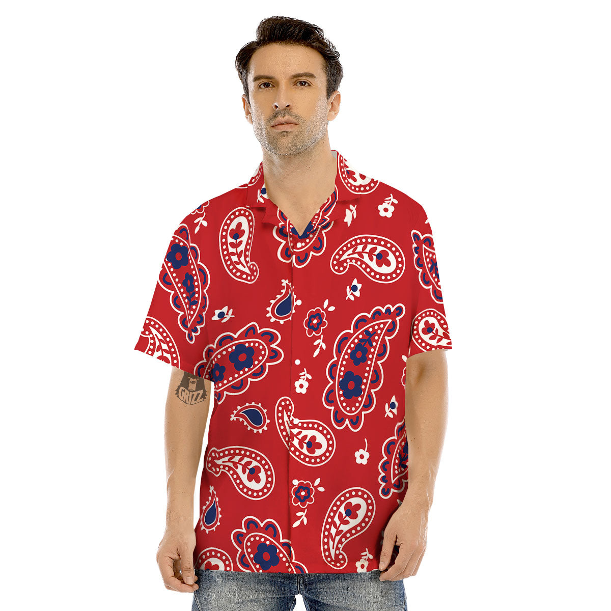 White Bandana And Blue Red Print Men's Hawaiian Shirt-grizzshop