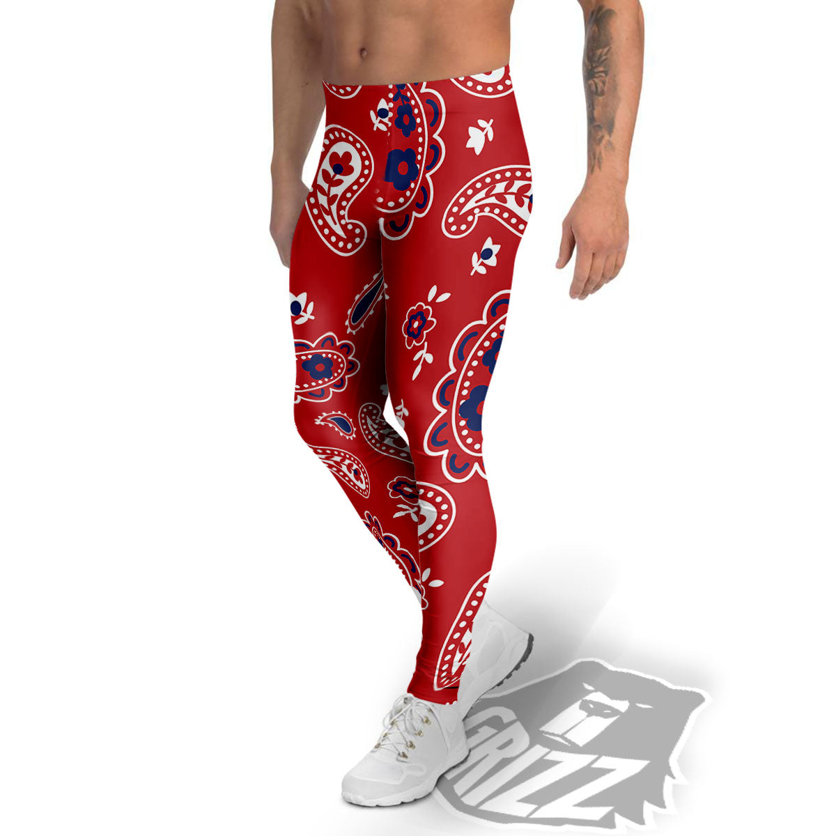 White Bandana And Blue Red Print Men's Leggings-grizzshop