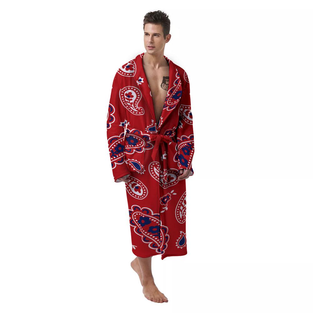 White Bandana And Blue Red Print Men's Robe-grizzshop