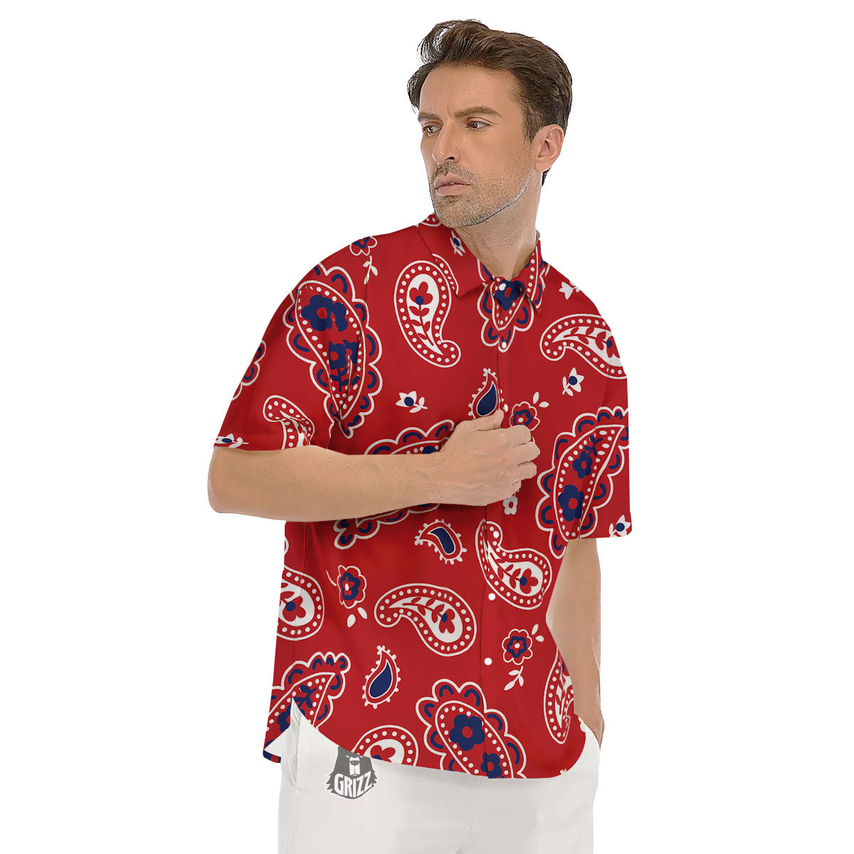 White Bandana And Blue Red Print Men's Short Sleeve Shirts-grizzshop