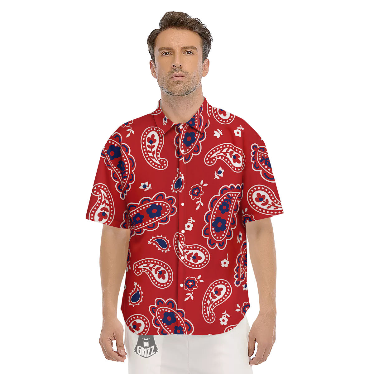 White Bandana And Blue Red Print Men's Short Sleeve Shirts-grizzshop