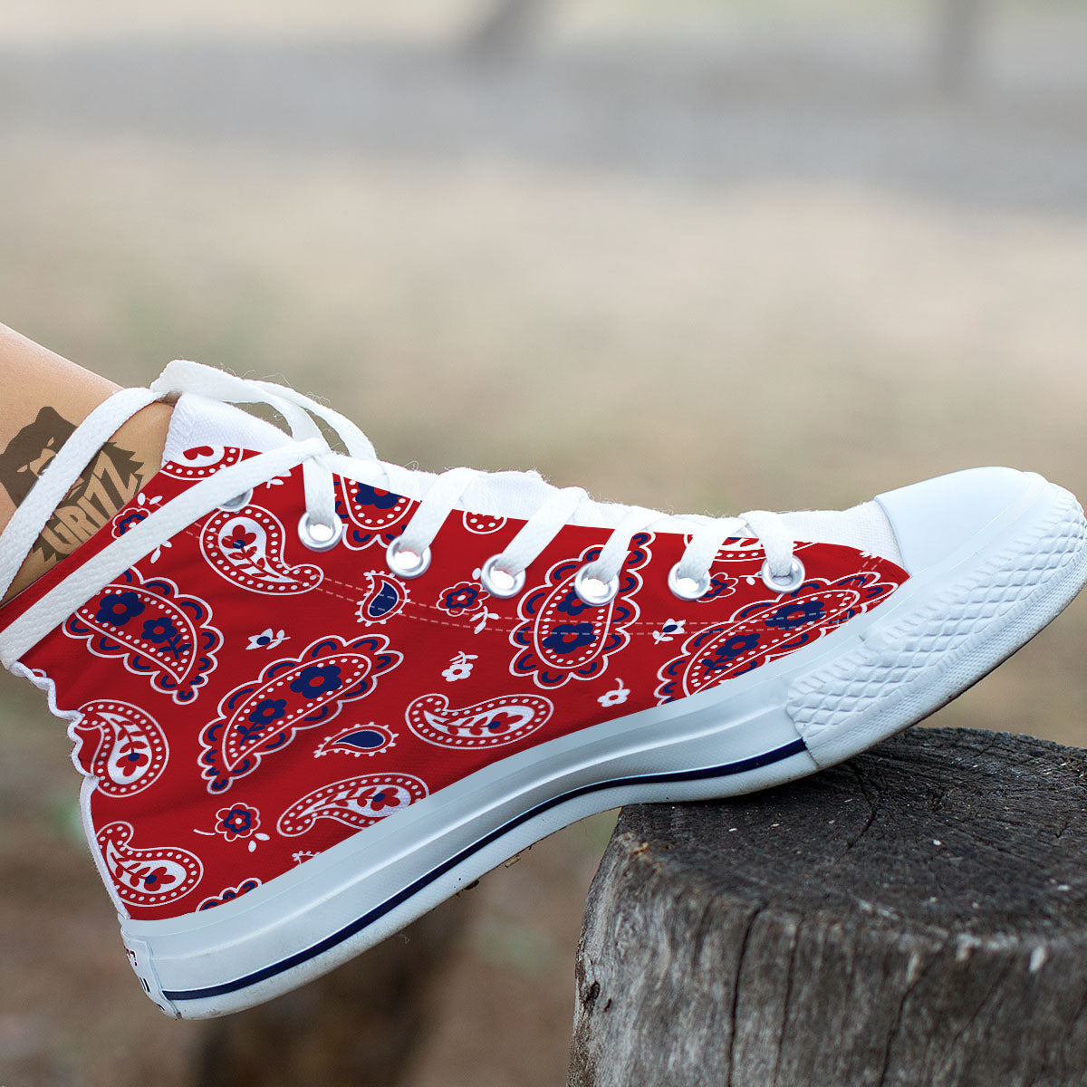 White Bandana And Blue Red Print White High Top Shoes-grizzshop