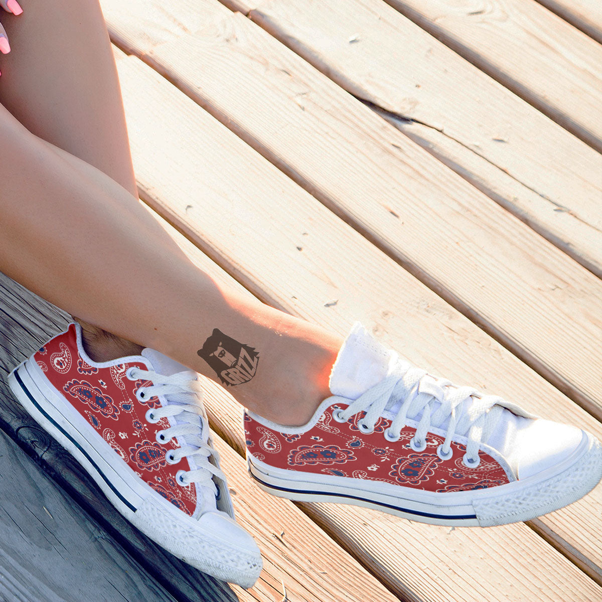 White Bandana And Blue Red Print White Low Top Shoes-grizzshop