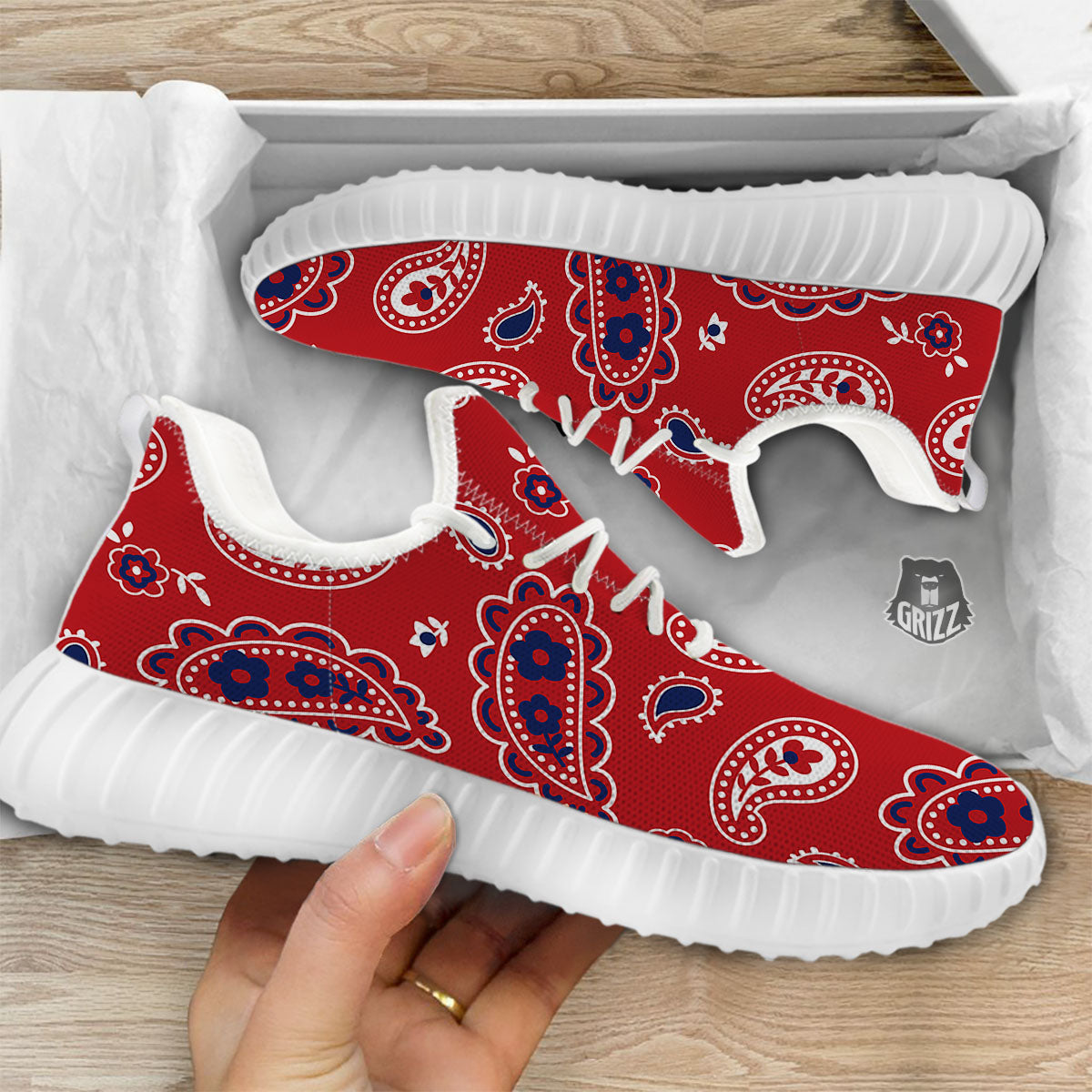 White Bandana And Blue Red Print White Walking Shoes-grizzshop