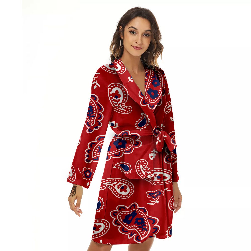White Bandana And Blue Red Print Women's Robe-grizzshop