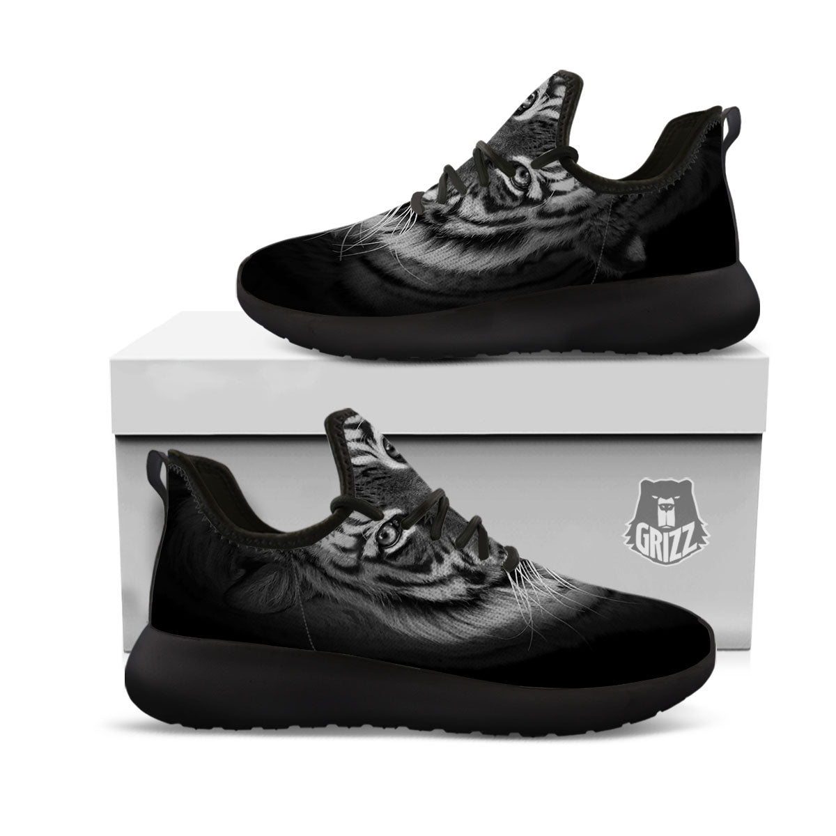 White Bengal Tiger Monochrome Print Black Athletic Shoes-grizzshop