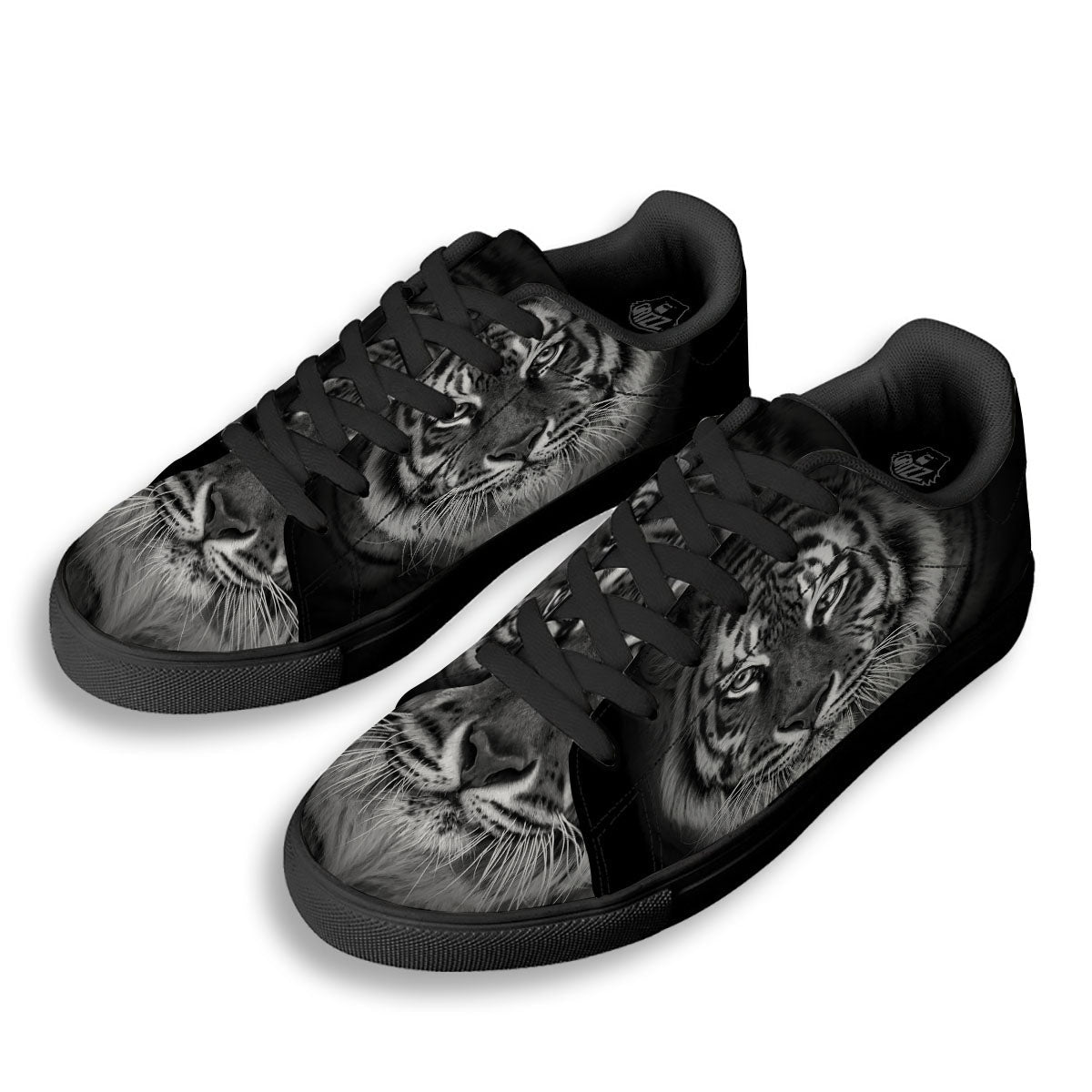 White Bengal Tiger Monochrome Print Black Low Top Sneakers-grizzshop