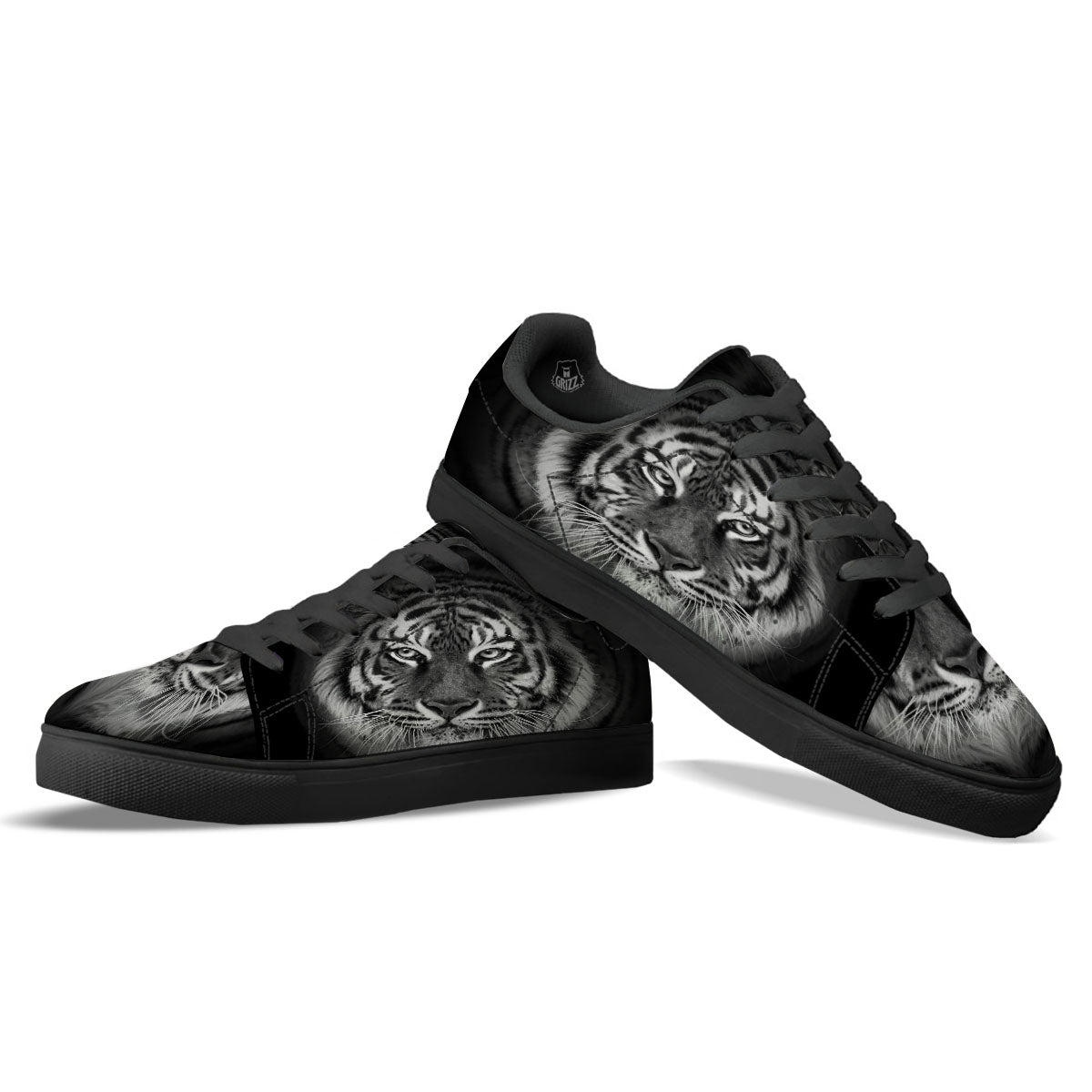 White Bengal Tiger Monochrome Print Black Low Top Sneakers-grizzshop