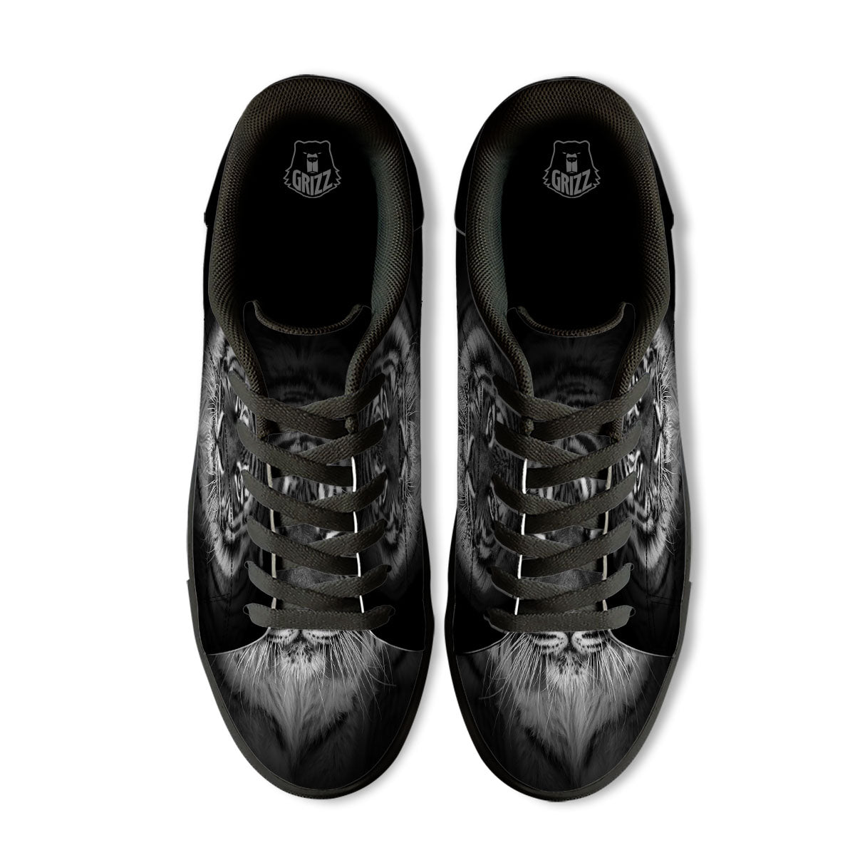 White Bengal Tiger Monochrome Print Black Low Top Sneakers-grizzshop
