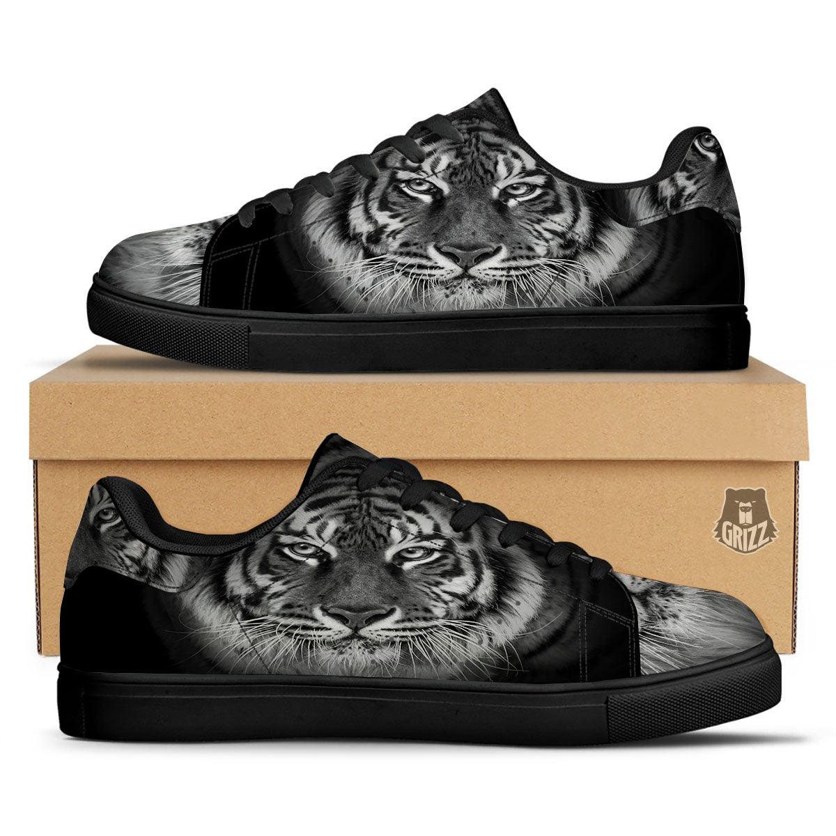 White Bengal Tiger Monochrome Print Black Low Top Sneakers-grizzshop