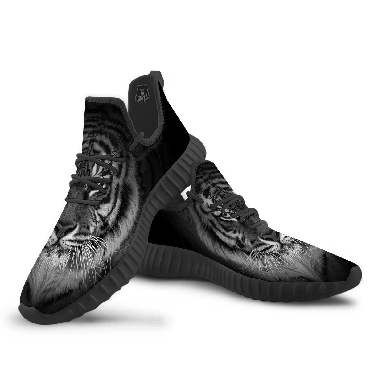 White Bengal Tiger Monochrome Print Black Walking Shoes-grizzshop