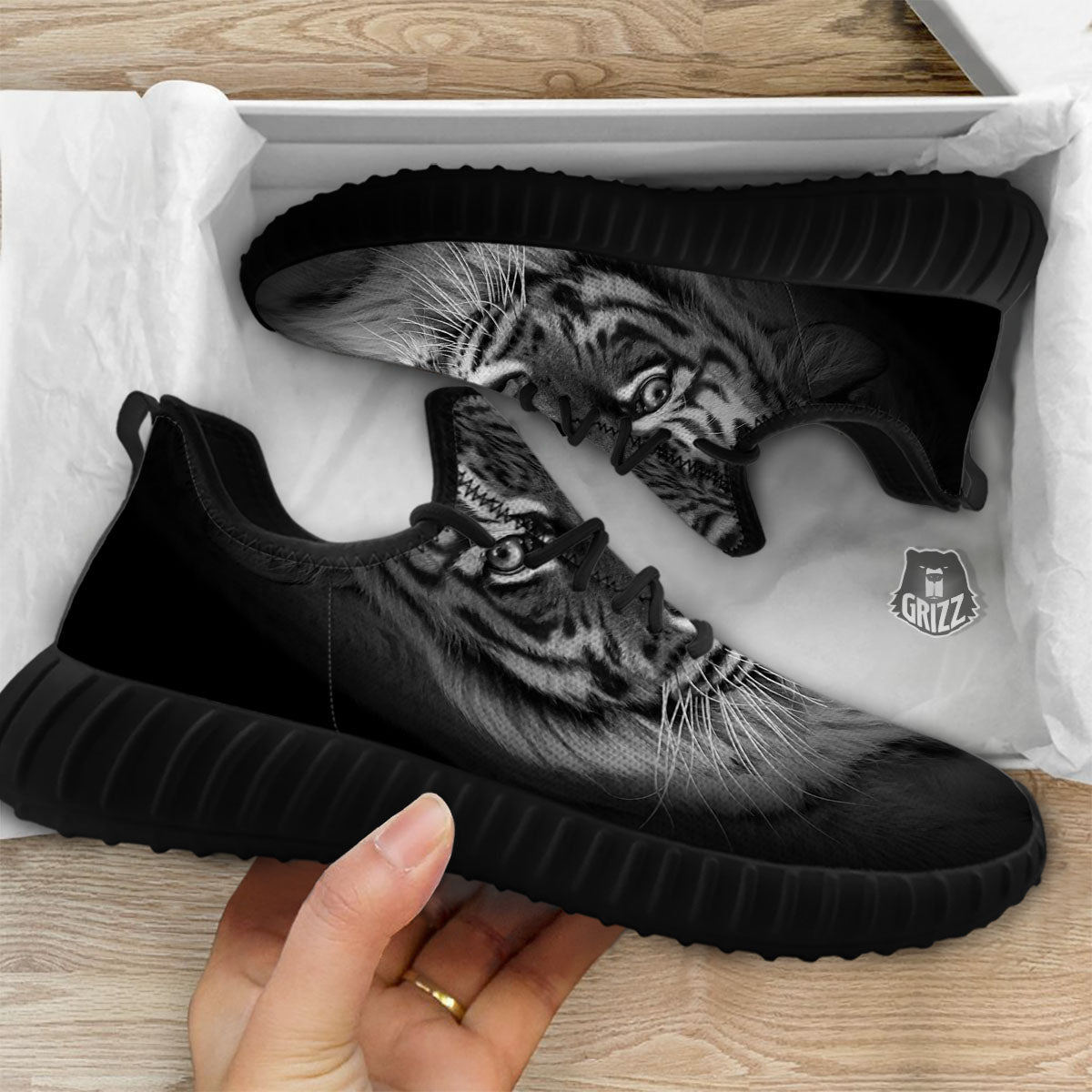White Bengal Tiger Monochrome Print Black Walking Shoes-grizzshop