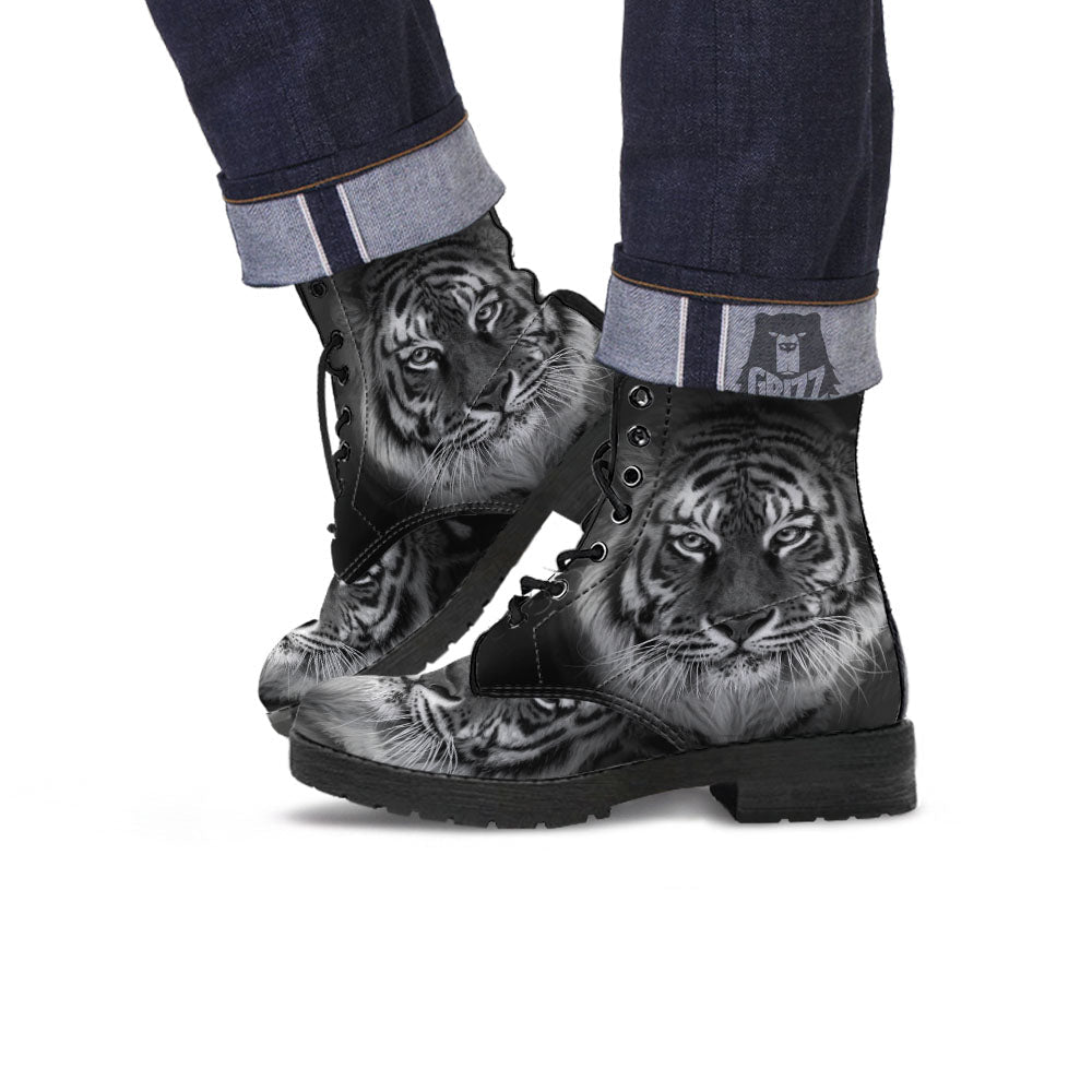 White Bengal Tiger Monochrome Print Leather Boots-grizzshop