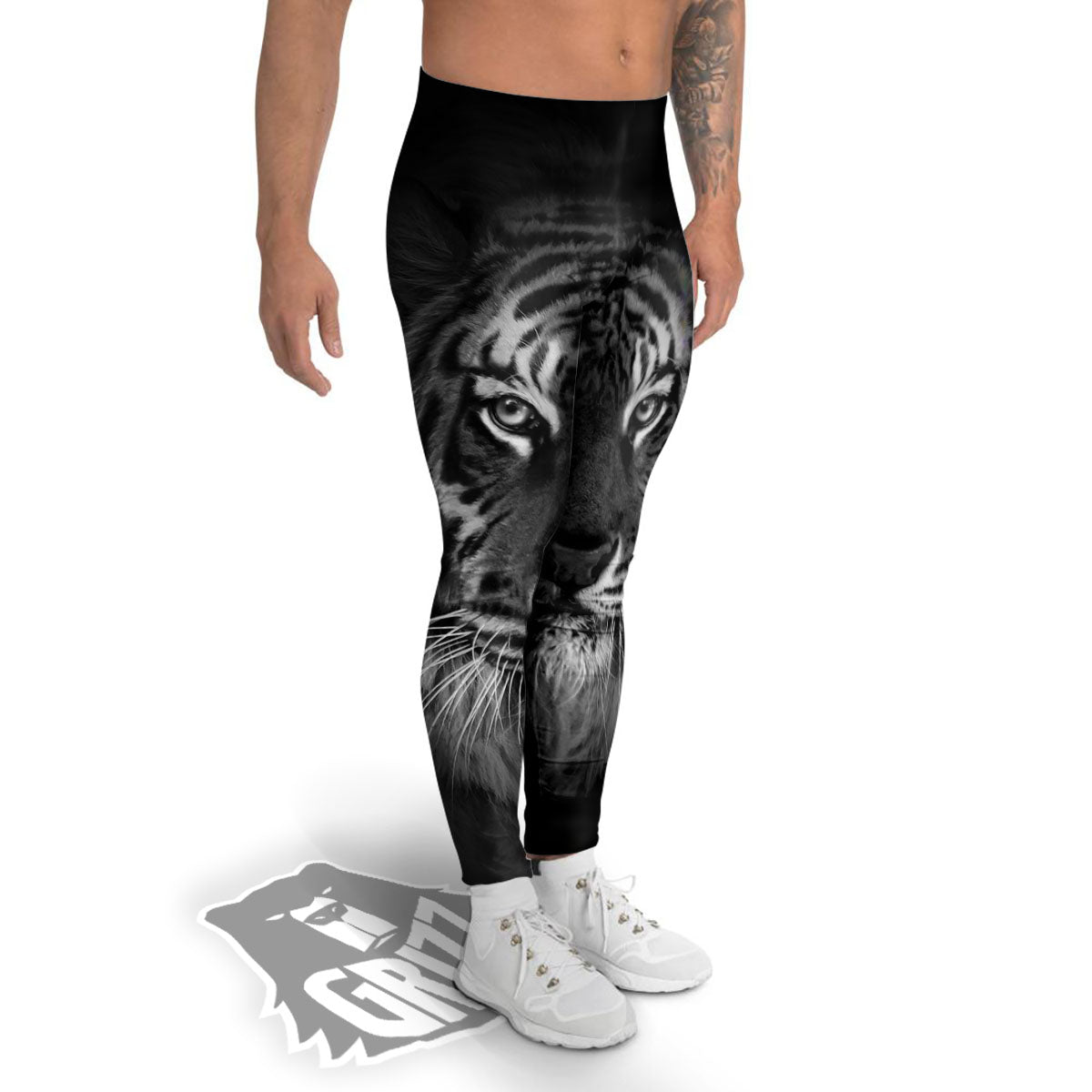 White Bengal Tiger Monochrome Print Men's Leggings-grizzshop