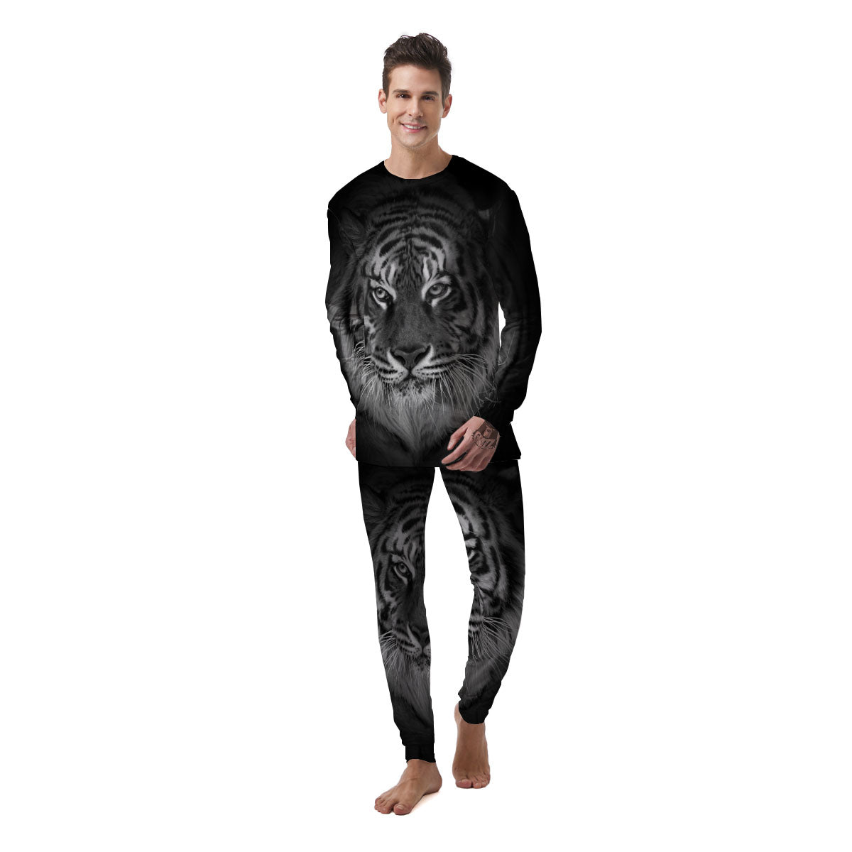 White Bengal Tiger Monochrome Print Men's Pajamas-grizzshop