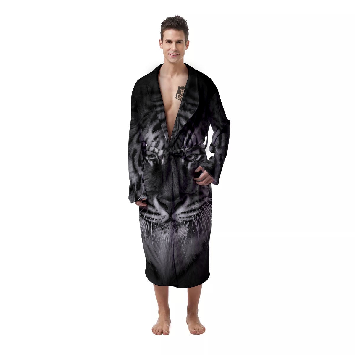 White Bengal Tiger Monochrome Print Men's Robe-grizzshop