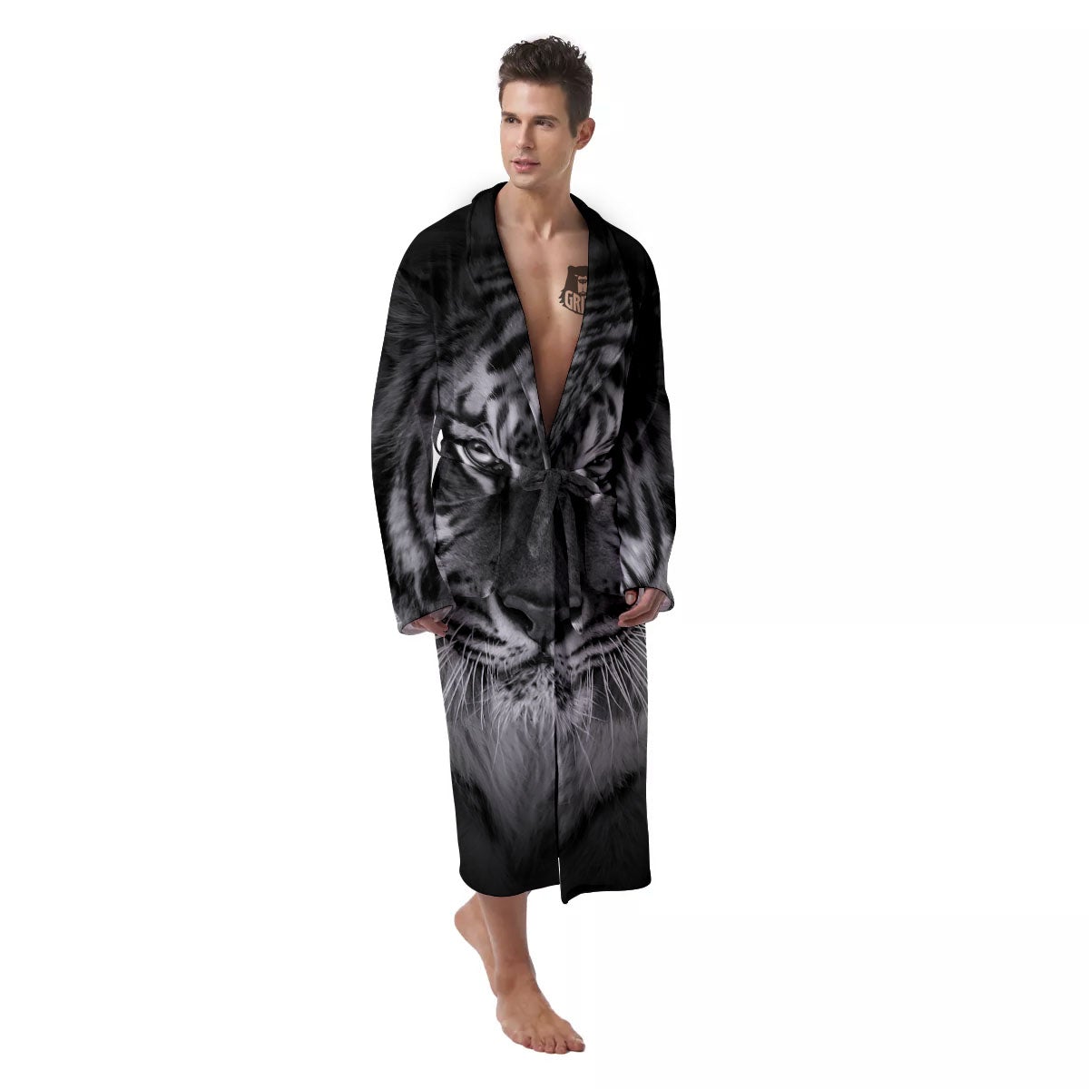 White Bengal Tiger Monochrome Print Men's Robe-grizzshop