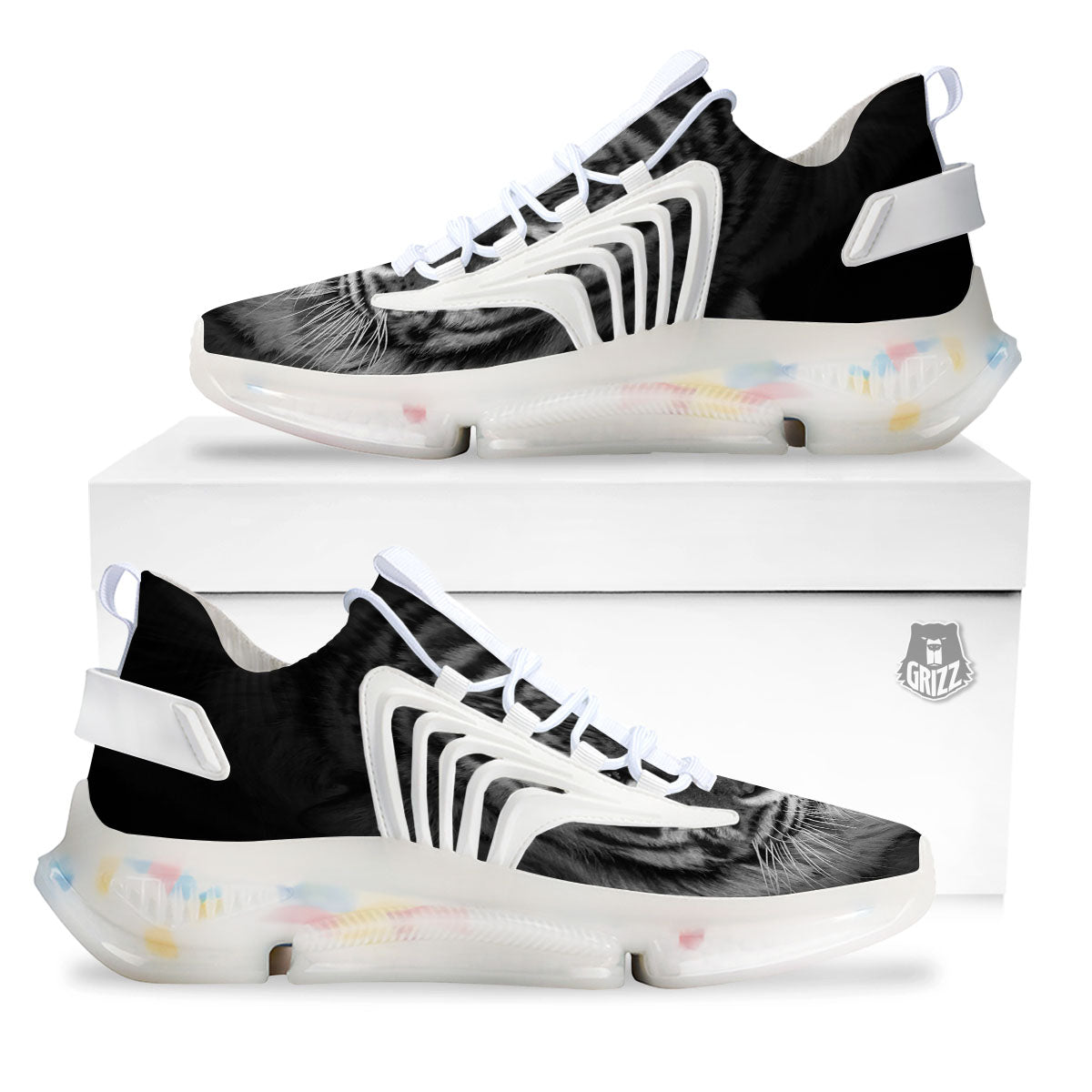 White Bengal Tiger Monochrome Print White Gym Shoes-grizzshop