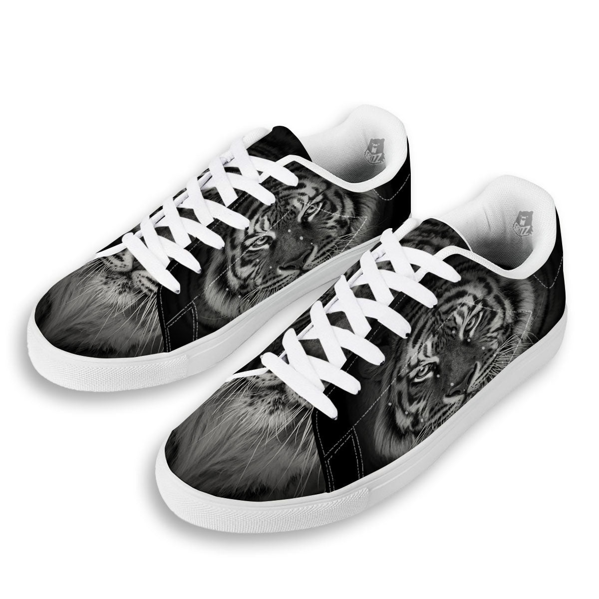 White Bengal Tiger Monochrome Print White Low Top Sneakers-grizzshop