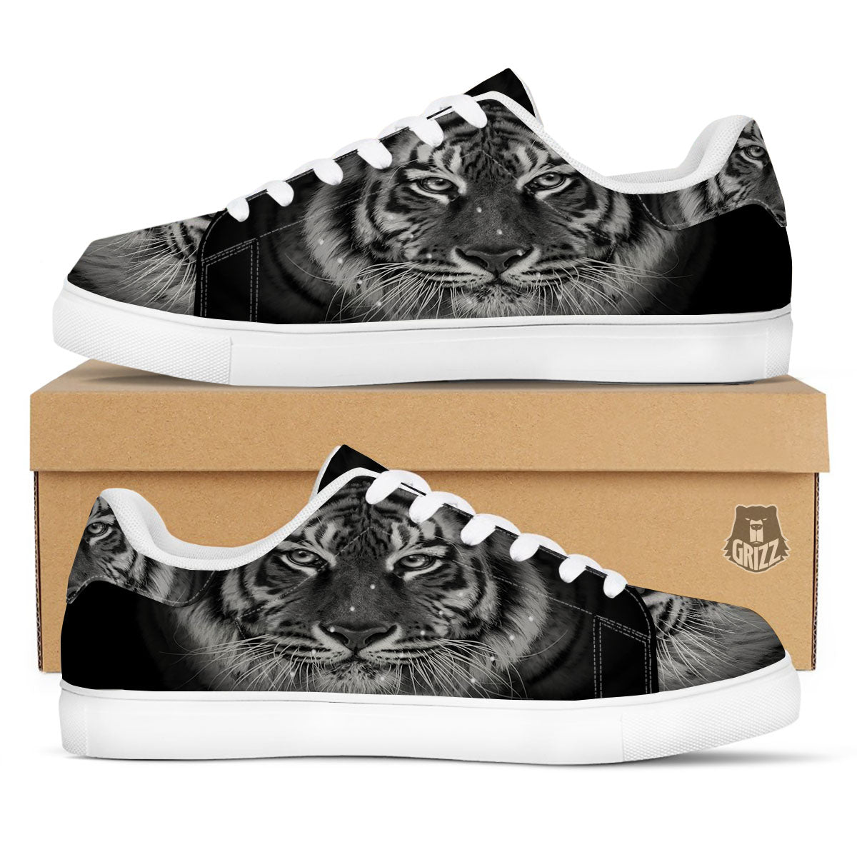White Bengal Tiger Monochrome Print White Low Top Sneakers-grizzshop