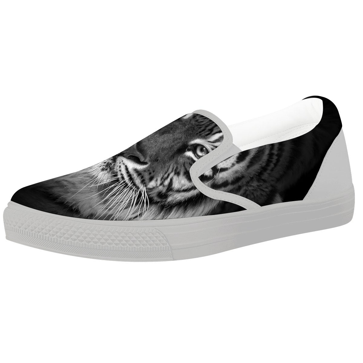 White Bengal Tiger Monochrome Print White Slip On Shoes-grizzshop