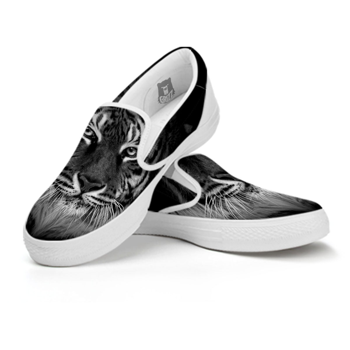 White Bengal Tiger Monochrome Print White Slip On Shoes-grizzshop