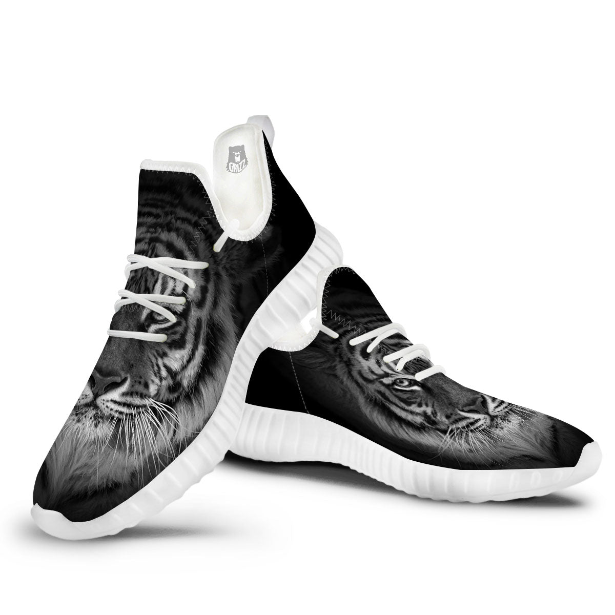 White Bengal Tiger Monochrome Print White Walking Shoes-grizzshop