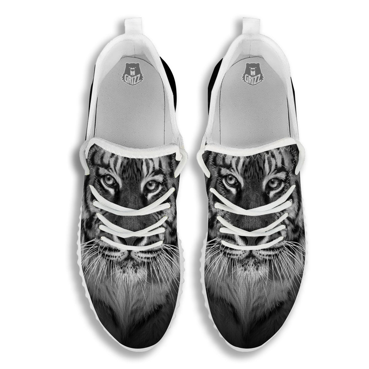 White Bengal Tiger Monochrome Print White Walking Shoes-grizzshop