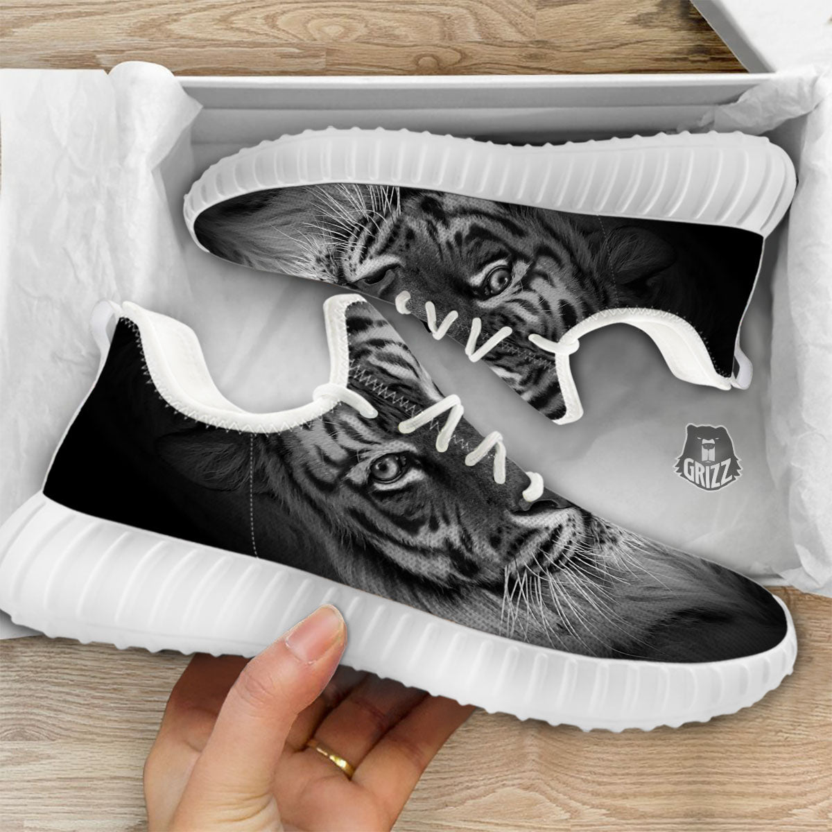 White Bengal Tiger Monochrome Print White Walking Shoes-grizzshop
