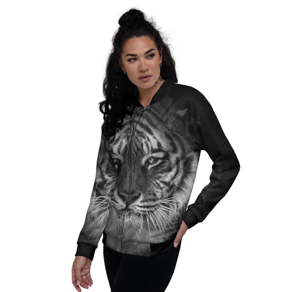 White Bengal Tiger Monochrome Print Women's Bomber Jacket-grizzshop