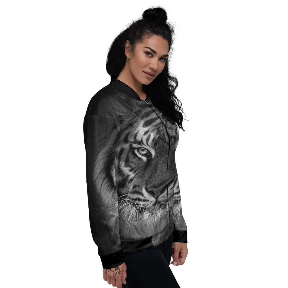 White Bengal Tiger Monochrome Print Women's Bomber Jacket-grizzshop