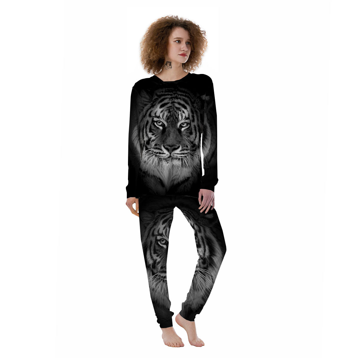 White Bengal Tiger Monochrome Print Women's Pajamas-grizzshop