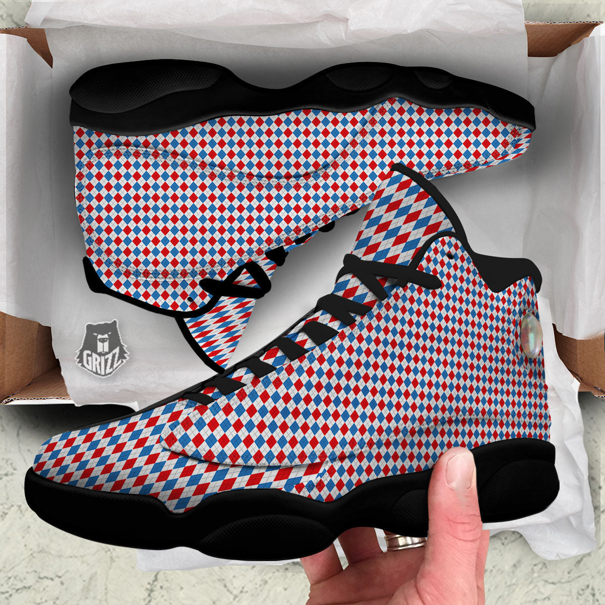 White Blue And Red Argyle Print Pattern Black Basketball Shoes-grizzshop