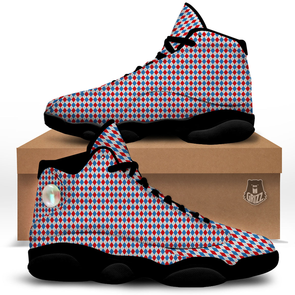 White Blue And Red Argyle Print Pattern Black Basketball Shoes-grizzshop