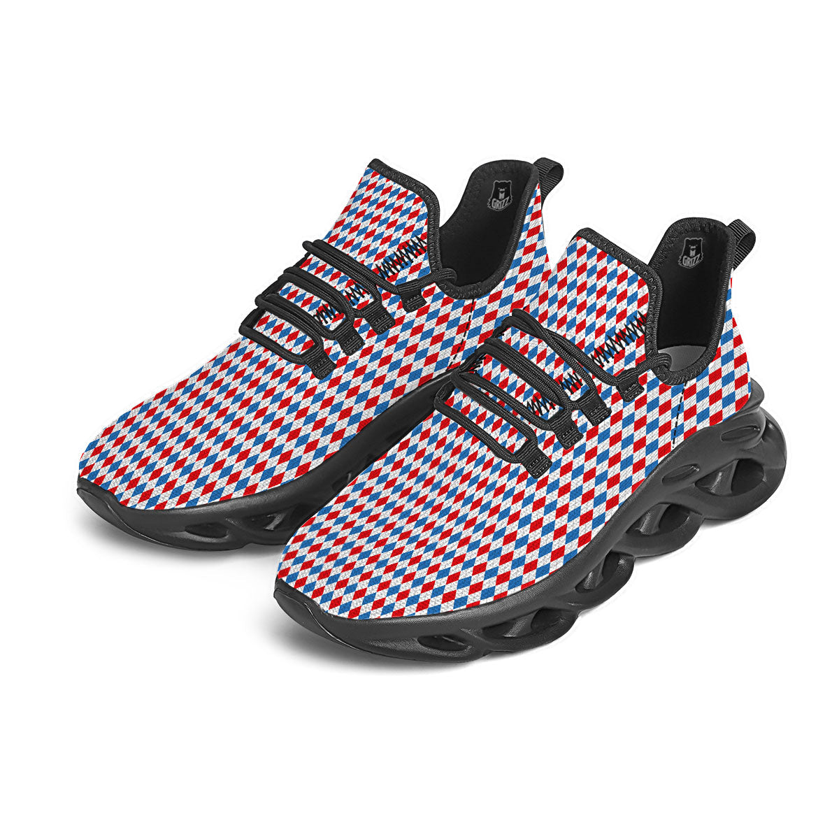 White Blue And Red Argyle Print Pattern Black Running Shoes-grizzshop