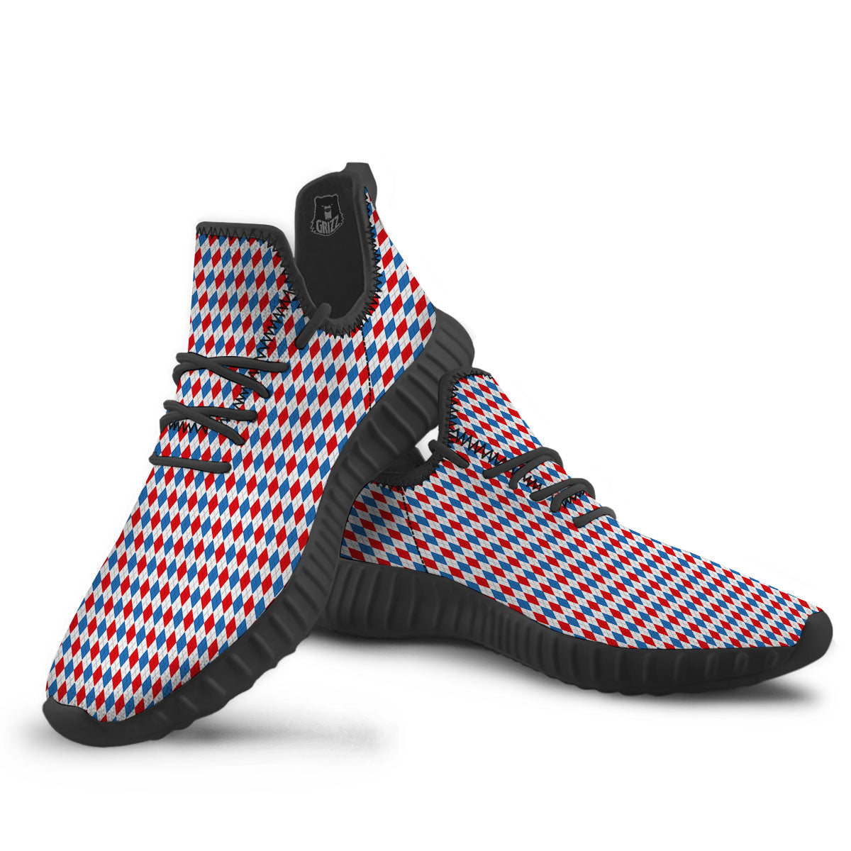 White Blue And Red Argyle Print Pattern Black Walking Shoes-grizzshop
