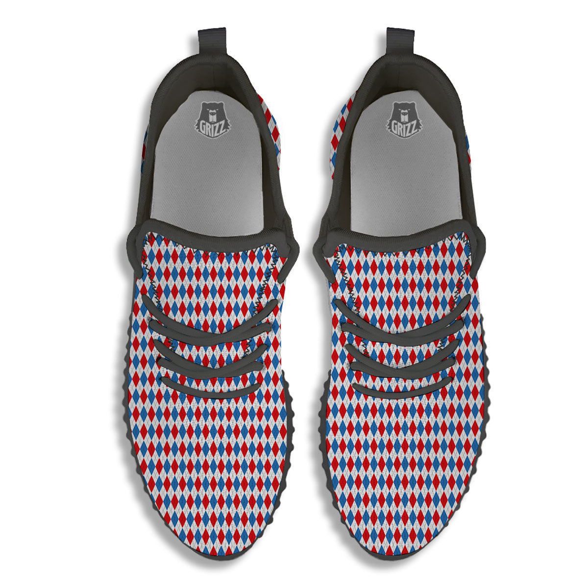 White Blue And Red Argyle Print Pattern Black Walking Shoes-grizzshop