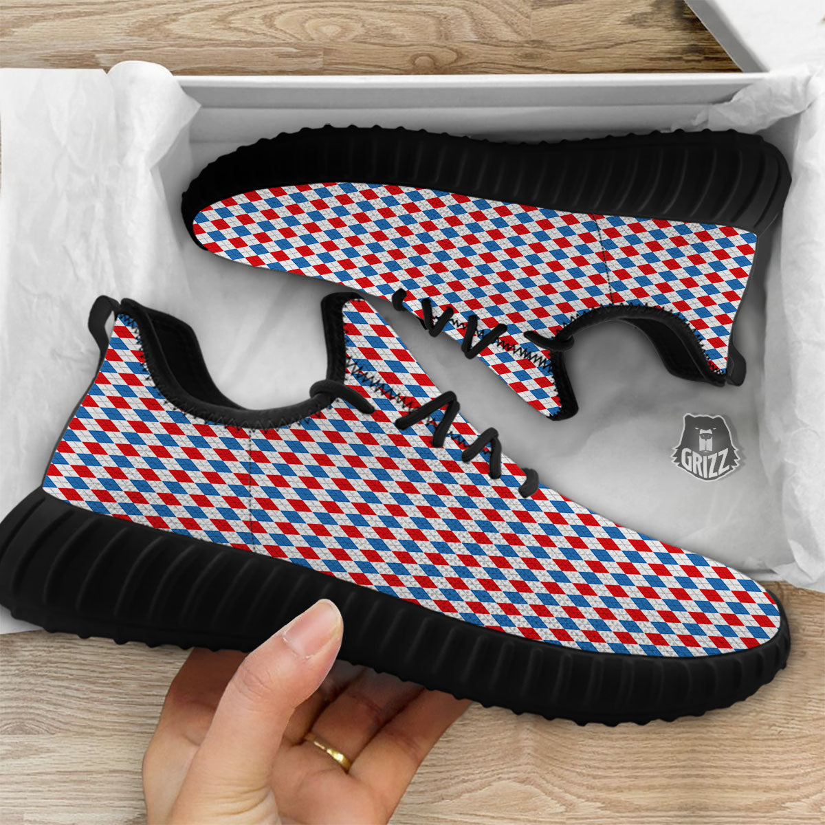White Blue And Red Argyle Print Pattern Black Walking Shoes-grizzshop