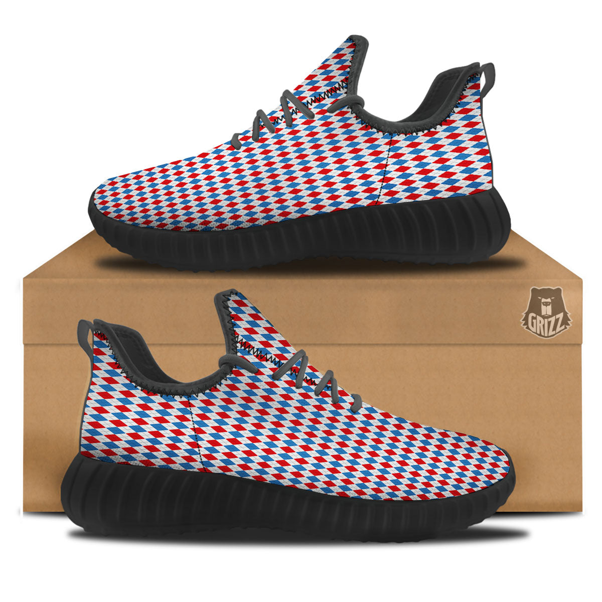 White Blue And Red Argyle Print Pattern Black Walking Shoes-grizzshop