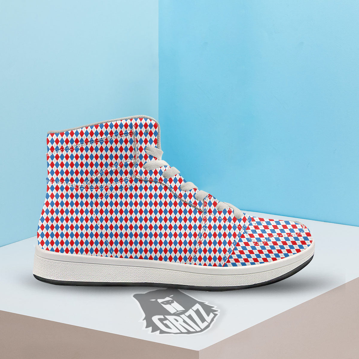 White Blue And Red Argyle Print Pattern High Top Sneakers-grizzshop