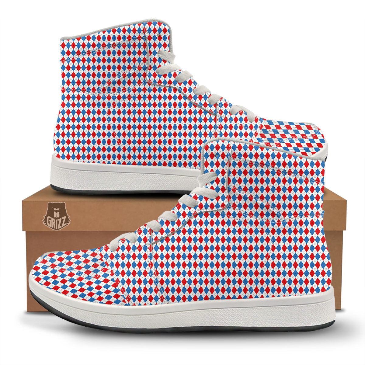 White Blue And Red Argyle Print Pattern High Top Sneakers-grizzshop