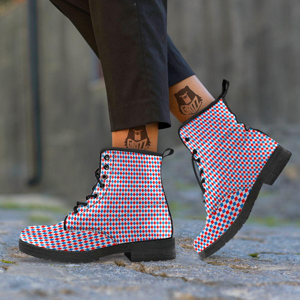 White Blue And Red Argyle Print Pattern Leather Boots-grizzshop