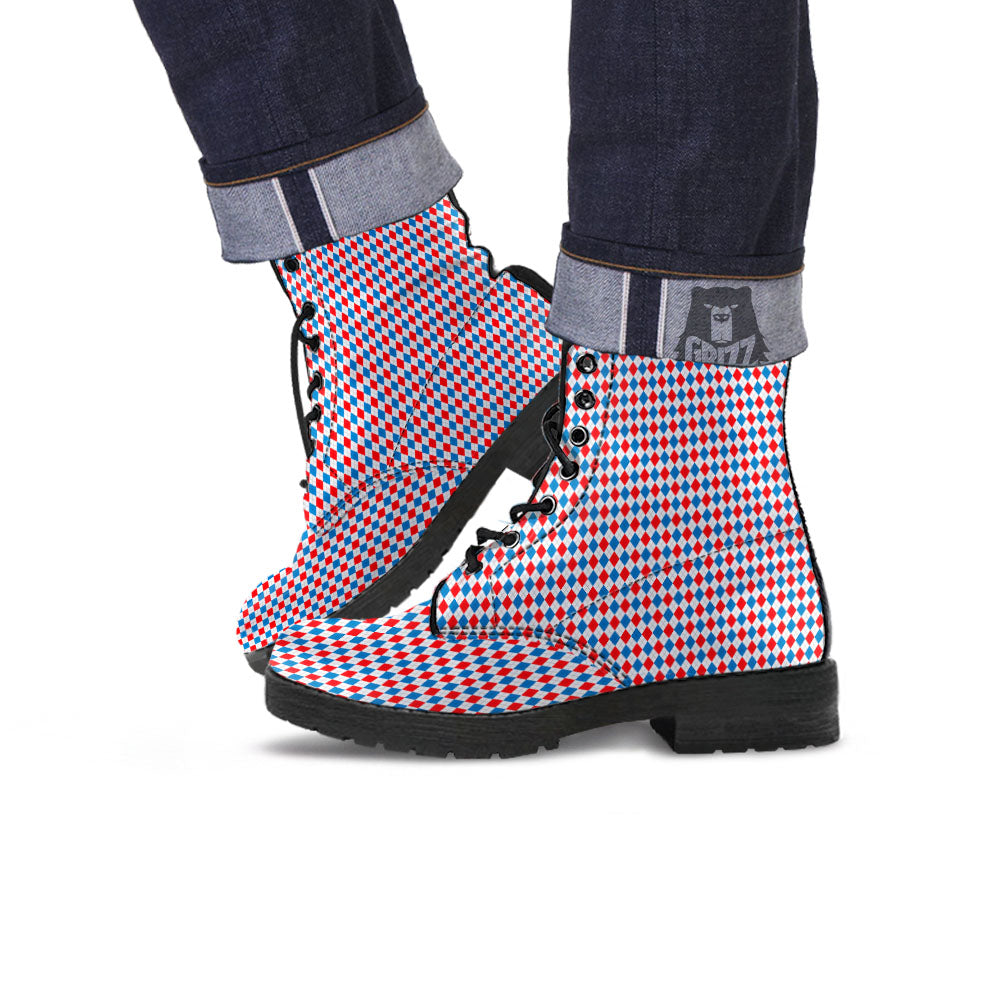 White Blue And Red Argyle Print Pattern Leather Boots-grizzshop