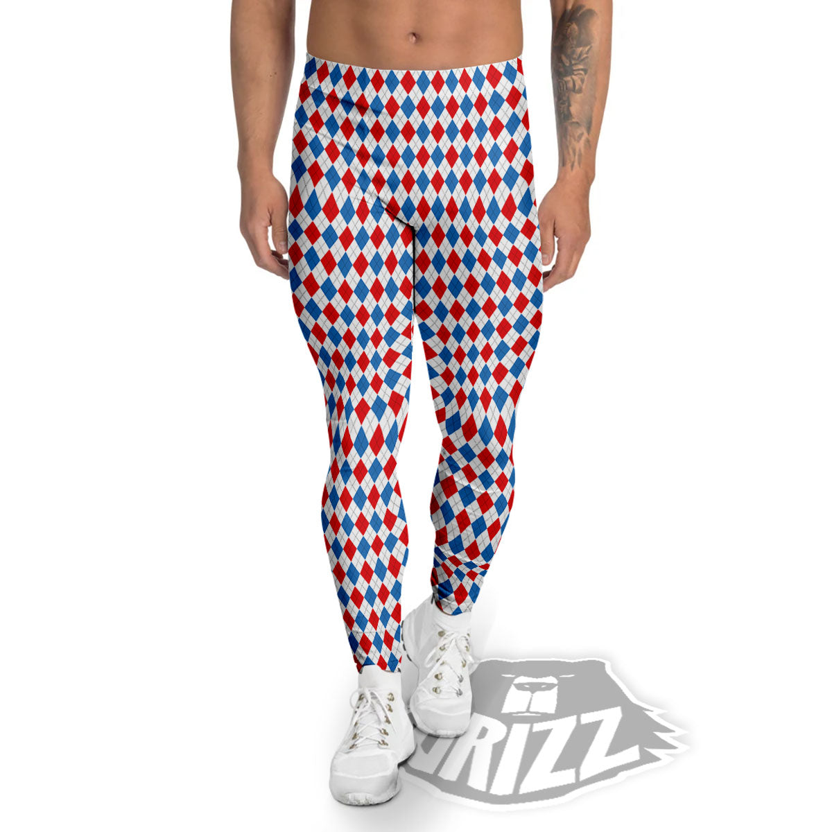 White Blue And Red Argyle Print Pattern Men's Leggings-grizzshop