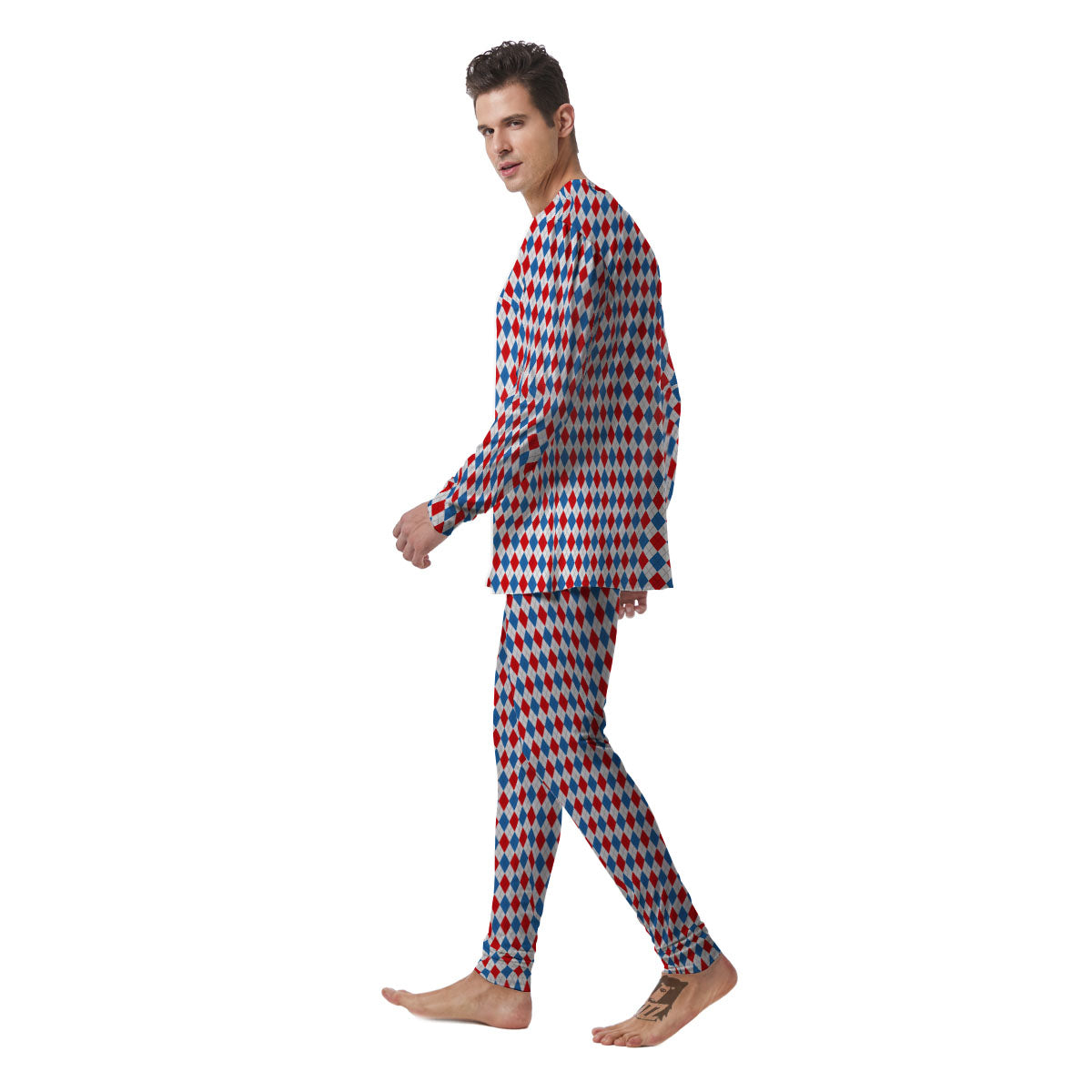 White Blue And Red Argyle Print Pattern Men's Pajamas-grizzshop