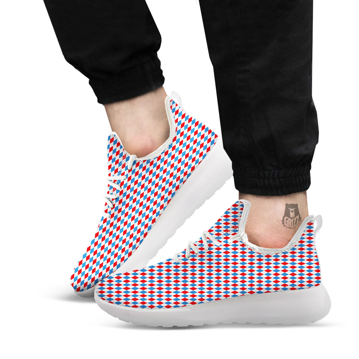 White Blue And Red Argyle Print Pattern White Athletic Shoes-grizzshop