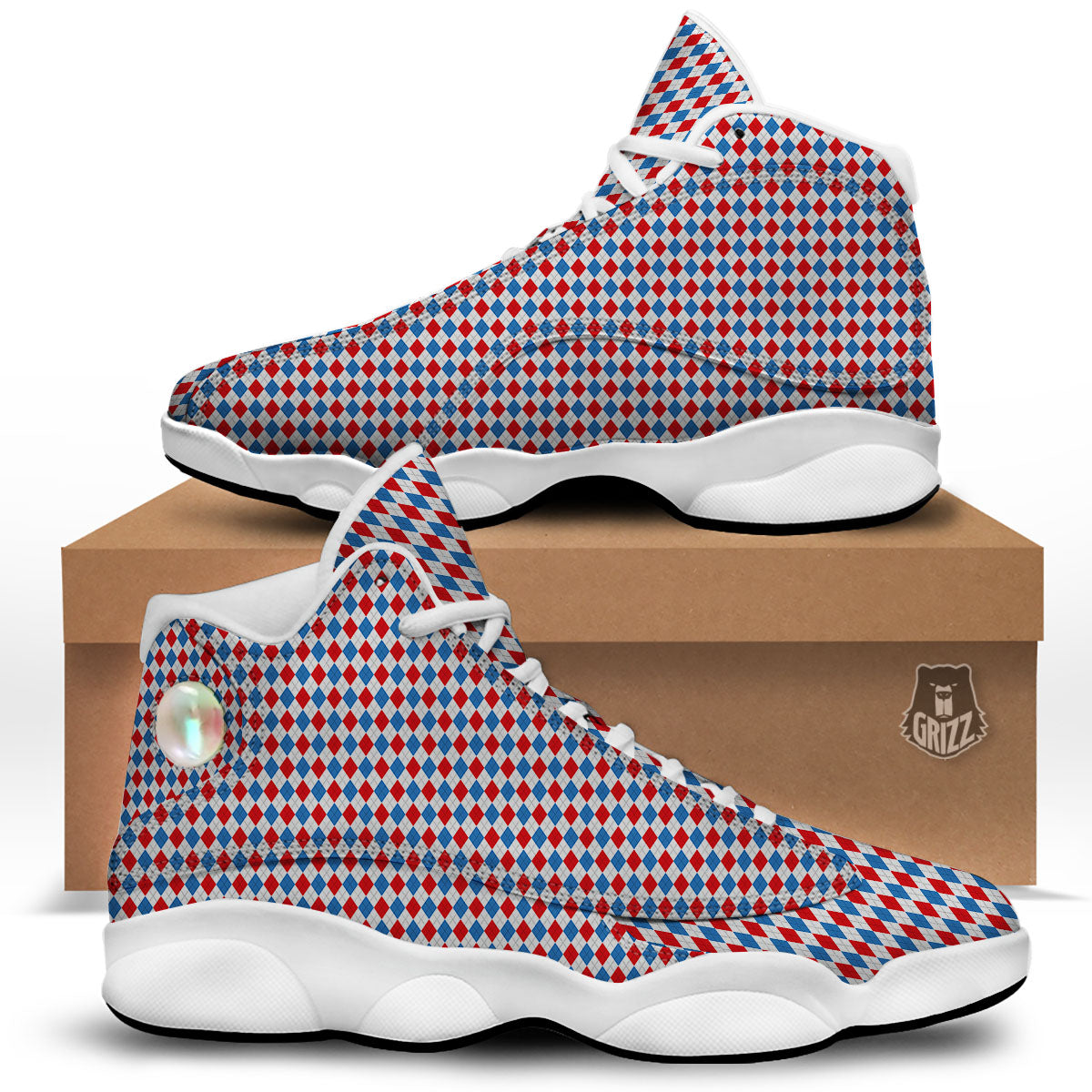 White Blue And Red Argyle Print Pattern White Basketball Shoes-grizzshop